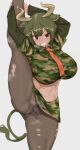  1girl alternate_breast_size animal_ears arms_up aurochs_(kemono_friends) breasts brown_hair brown_legwear brown_panties camouflage camouflage_shirt camouflage_skirt collared_shirt cow_ears cow_girl cow_horns cow_tail cropped_shirt flexible green_hair grey_background grin half-closed_eye highres horns huge_breasts kakanashi1 kemono_friends layered_sleeves leg_hold leg_lift leg_up long_sleeves looking_at_viewer medium_hair microskirt midriff multicolored_hair navel necktie panties panties_under_pantyhose pantyhose shirt short_over_long_sleeves short_sleeves simple_background skirt smile solo split standing standing_on_one_leg standing_split steaming_body stomach stretch sweat tail tan toned torn_clothes torn_legwear underwear v-shaped_eyebrows wide_spread_legs wing_collar 