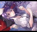  2girls arm_support bangs black_skirt blue_eyes breasts commentary_request dress fate/stay_night fate_(series) from_above hair_between_eyes hair_ribbon large_breasts letterboxed long_hair long_sleeves matou_sakura multiple_girls parted_lips pillarboxed purple_eyes purple_hair red_ribbon red_sweater ribbon shimatori_(sanyyyy) skirt smile solo_focus sweater teeth tohsaka_rin 