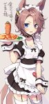  1girl alternate_costume animal_ears apron beige_background black_bow blue_eyes bow breasts collar collarbone ear_ribbon enmaided food food_writing frilled_apron frills garter_straps holding holding_plate horse_ears horse_girl horse_tail horseshoe ketchup light_brown_hair maid maid_apron maid_headdress narita_taishin_(umamusume) odawara_hakone omurice plate pulled_by_self short_sleeves skirt skirt_tug small_breasts sweat tail thighhighs translated umamusume waist_apron white_apron white_legwear wrist_cuffs 