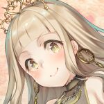  1girl bangs blonde_hair chain closed_mouth crown earrings hair_between_eyes jewelry little_red_riding_hood_(sinoalice) long_hair looking_at_viewer pink_background portrait sinoalice smile solo teroru yellow_eyes 