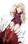  1girl :d bangs barefoot blonde_hair blood blood_splatter bloody_legs feet food full_body hair_between_eyes holding holding_food legs little_red_riding_hood_(sinoalice) long_hair looking_at_viewer on_floor open_mouth red_shorts shirt shorts simple_background sinoalice sitting sleeveless sleeveless_shirt smile solo teroru toes white_background yellow_eyes 