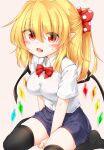  1girl bangs black_legwear blonde_hair blue_skirt blush bow bra bra_through_clothes bralines breasts buttons collar crystal eyebrows_visible_through_hair eyes_visible_through_hair flandre_scarlet hair_between_eyes highres looking_at_viewer marukyuu_ameya medium_breasts medium_hair multicolored multicolored_wings open_mouth pink_background pink_bra ponytail red_bow red_eyes red_neckwear see-through seiza shirt short_sleeves simple_background sitting skirt solo thighhighs touhou underwear wet wet_clothes wet_shirt white_collar white_shirt white_sleeves wings 