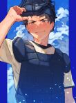  1boy abe_takaya baseball_helmet baseball_jersey baseball_uniform black_hair brown_eyes chest_protector closed_mouth cloud day helmet highres looking_at_viewer male_focus ookiku_furikabutte outdoors polypumb_fr short_hair sky smile solo sportswear upper_body 