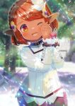  1girl ;d bangs blurry blurry_background blush braid brown_eyes brown_hair crown_braid depth_of_field eyebrows_visible_through_hair feather_hair_ornament feathers final_fantasy final_fantasy_xiv hair_ornament hands_clasped hands_up kou_hiyoyo lalafell leaning_to_the_side long_sleeves looking_at_viewer one_eye_closed open_mouth original own_hands_together pointy_ears shirt short_hair sleeves_past_wrists smile solo white_feathers white_shirt 