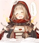  1girl :d bangs bare_shoulders blush closed_mouth cup drinking_glass food fork hair_between_eyes holding holding_fork holding_knife knife little_red_riding_hood_(sinoalice) long_hair open_mouth pink_background red_hood simple_background sinoalice smile solo teroru wine_glass 