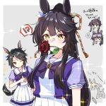  !? 2girls animal_ears bandaid bandaid_on_nose bangs black_hair blue_eyes chibi ear_ornament ear_piercing eyebrows_visible_through_hair flower flower_in_mouth fuji_kiseki_(umamusume) horse_ears horse_girl horse_tail long_hair mouth_hold multicolored_hair multiple_girls narita_brian_(umamusume) norun_(ru-on) one_eye_closed piercing ponytail puffy_short_sleeves puffy_sleeves rose school_uniform short_hair short_sleeves skirt sparkle star_(symbol) tail tracen_school_uniform twitter_username two-tone_hair umamusume white_hair yellow_eyes 