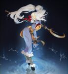  1girl absurdres arm_wrap armlet bangle blue_skin bracelet breasts bunching_hair capelet colored_skin constellation digitigrade dress earrings english_commentary full_body fur_trim gem grey_hair highres holding holding_staff hoop_earrings hooves horns jewelry league_of_legends leg_tattoo leg_warmers long_hair long_legs long_pointy_ears looking_at_viewer loped medium_breasts nose outstretched_hand pelvic_curtain pendant pointy_ears red_capelet reflective_water shoulder_tattoo single_horn sleeveless sleeveless_dress smile solo soraka staff tattoo thighs very_long_hair walking walking_on_liquid yellow_dress yellow_eyes 
