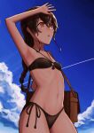  1girl bag bikini black_bikini blue_sky braid brown_hair cloud condensation_trail cowboy_shot highres kantai_collection long_hair messenger_bag o-ring o-ring_bikini o-ring_top open_clothes orange_eyes owada_(kousonhuchi) shading_eyes shoulder_bag side-tie_bikini single_braid sky souya_(kancolle) swimsuit 