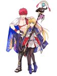  1boy 1girl absurdres ahoge appleale19 artoria_pendragon_(all) artoria_pendragon_(caster)_(fate) bangs belt blonde_hair blush boots cape cloak closed_eyes coat emiya_shirou eyebrows_visible_through_hair fate/grand_order fate_(series) full_body gloves green_eyes hand_on_another&#039;s_head hand_on_hip headpat highres holding holding_staff limited/zero_over pantyhose red_hair ribbon sengo_muramasa_(fate) simple_background skirt smile staff sweatdrop white_background white_cape wristband 