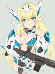  1girl android assault_rifle blonde_hair blue_eyes breasts cleavage gun ingerdoll long_hair medium_breasts phantasy_star phantasy_star_online_2 rifle solo very_long_hair weapon weapon_request 