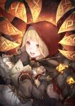  1girl :d bangs black_jacket blonde_hair book closed_mouth hair_between_eyes highres holding holding_book jacket little_red_riding_hood_(sinoalice) long_hair long_sleeves looking_at_viewer open_clothes open_mouth red_hood sinoalice smile solo teeth teroru yellow_eyes 