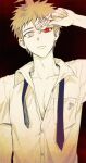  1boy ahoge arm_up bandage_over_one_eye bangs black_background breast_pocket brown_hair collarbone collared_shirt commentary_request danganronpa_(series) danganronpa_2:_goodbye_despair dress_shirt eyepatch eyepatch_lift heterochromia hinata_hajime jewelry looking_at_viewer loose_necktie male_focus necktie pocket ppap_(11zhakdpek19) red_background red_eyes shirt short_hair solo spiked_hair untied upper_body 