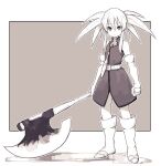  1girl axe belt boots border bright_pupils brown_theme closed_mouth dagger gloves highres holding holding_axe knife lamb-oic029 looking_at_viewer monochrome presea_combatir solo standing tales_of_(series) tales_of_symphonia twintails weapon white_border white_pupils 
