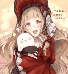  1girl :d bangs black_gloves blonde_hair bonnet dress ghost gloves hair_between_eyes highres hug little_red_riding_hood_(sinoalice) long_hair long_sleeves looking_at_viewer open_mouth red_dress red_headwear sinoalice smile solo teroru yellow_background yellow_eyes 