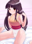  1girl absurdres bangs bare_shoulders barefoot bed belt black_hair breasts brown_eyes closed_mouth eyebrows_visible_through_hair eyes_visible_through_hair hands_up harry_(namayake) highleg highres houraisan_kaguya leotard long_hair looking_at_viewer medium_breasts no_hat no_headwear on_bed pink_background pink_belt seiza sitting sitting_on_bed sleeveless smile solo striped striped_background thighs touhou touhou_tag_dream wariza wrestling_outfit 