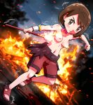  1girl arm_tattoo blush bob_cut body_blush breasts brown_eyes brown_hair clenched_hand closed_mouth commentary_request cosplay dutch_angle dynamax_band eyelashes fire frown gloria_(pokemon) highres holding holding_stick kiawe_(pokemon) kiawe_(pokemon)_(cosplay) knees leg_up looking_at_viewer navel outdoors pokemon pokemon_(game) pokemon_sm pokemon_swsh red_shorts rorretsim sandals shiny shiny_skin short_hair shorts solo sparkle stick tattoo toes topless trembling 