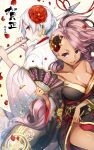  2girls :d arm_under_breasts bangs black_flower black_kimono breasts cinderella_(sinoalice) cleavage closed_mouth dark-skinned_female dark_skin fan flower frown hair_between_eyes hair_flower hair_ornament highres holding holding_polearm holding_spear holding_weapon japanese_clothes kimono looking_at_viewer multiple_girls nail_polish open_mouth petals polearm ponytail red_flower red_nails sinoalice smile snow_white_(sinoalice) spear teroru v-shaped_eyebrows weapon white_kimono 