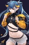  1girl bangs belt blue_hair crop_top cropped_jacket cutoffs dark_background denim denim_shorts dragon_girl dragon_horns dragon_tail earrings horns jewelry long_hair looking_at_viewer original pointy_ears red_eyes ring shorts solo tail twintails unsomnus 