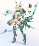  1girl ahoge animal_ears aqua_eyes armor arrow_(projectile) bangs between_breasts bikini bikini_armor blonde_hair boots bow_(weapon) breasts bunny_ears case cleavage crossed_bangs elbow_gloves elf frown full_body gloves highleg highleg_bikini highres large_breasts logo long_hair mechanical_ears nadare-san_(nadare3nwm) navel original pointy_ears qr_code scarf solo strap strap_between_breasts swimsuit thighhighs twintails weapon white_background 