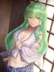  1girl bangs bare_shoulders bra breasts cleavage clothes_pull collarbone commentary_request commission cowboy_shot curious detached_sleeves dutch_angle eyebrows_visible_through_hair frog_hair_ornament green_eyes green_hair hair_ornament hair_tubes indoors kochiya_sanae large_breasts light_particles long_hair long_sleeves looking_at_viewer navel panties parted_lips polka_dot shirt skeb_commission skirt skirt_pull snake_hair_ornament solo touhou underwear very_long_hair white_bra white_panties white_shirt wide_sleeves window y2 