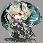  1girl black_gloves candle chibi dress elbow_gloves fighting_stance gloves green_hair hair_ornament hairclip highres holding holding_weapon little_match_girl_(sinoalice) polearm red_eyes scarf short_hair sinoalice smoke solo thighhighs weapon xxviii_xi zettai_ryouiki 