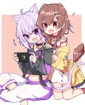  +++ 2girls :d animal_ears blush brown_hair cat_ears cat_girl cat_tail commentary dog_ears dog_girl dog_tail extra_ears fang handheld_game_console hands_on_another&#039;s_shoulders holding holding_handheld_game_console hololive inugami_korone multiple_girls musical_note nekomata_okayu nintendo_switch open_mouth playing_games purple_hair rabiiandrain skin_fang smile spoken_musical_note tail virtual_youtuber 