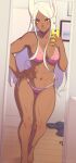  1girl abs animal_ears ass_visible_through_thighs bangs blush boku_no_hero_academia bra breasts bunny_ears cellphone cleavage collarbone commission dark-skinned_female dark_skin hand_on_hip highres holding holding_phone long_hair looking_at_mirror looking_at_viewer mirko mirror muscular muscular_female navel panties parted_bangs phone razalor red_eyes smartphone solo standing thigh_gap tongue tongue_out underwear white_hair 