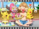  &gt;_&lt; ... 1boy 1girl bangs barefoot blue_swim_trunks blush body_blush breasts closed_eyes cloud collarbone commentary_request day eyelashes gen_1_pokemon gen_6_pokemon hand_up heart highres hoopa hoopa_(confined) jimmy_(pokemon) light_brown_hair male_swimwear musical_note mythical_pokemon navel open_mouth pikachu pokemon pokemon_(anime) pokemon_(creature) pokemon_xy_(anime) rorretsim serena_(pokemon) shiny shiny_hair shiny_skin sitting sky smile spoken_ellipsis spoken_heart spoken_musical_note swim_trunks toes tongue topless |d 