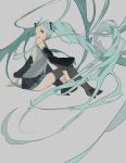  1girl absurdly_long_hair absurdres aqua_eyes aqua_hair aqua_neckwear black_footwear black_skirt black_sleeves boots detached_sleeves floating_hair grey_shirt hatsune_miku high_heel_boots high_heels highres huge_filesize long_hair looking_at_viewer necktie one_eye_closed pleated_skirt shirt sitting skirt sleeveless sleeveless_shirt solo thigh_boots thighhighs twintails un_(un0044) very_long_hair vocaloid wide_shot 