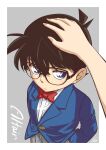  1boy 1other bangs blazer blue_jacket border bow bowtie brown_hair closed_mouth collared_shirt commentary_request edogawa_conan grey_background grey_shorts hair_between_eyes hand_in_pocket hand_on_another&#039;s_head highres jacket light_blush long_sleeves looking_at_viewer male_focus meitantei_conan out_of_frame red_bow red_neckwear shirt short_hair shorts signature solo_focus sooma4869 upper_body white_border white_shirt 