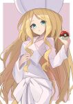  1girl bangs blonde_hair blue_eyes caitlin_(pokemon) collared_dress dress eyebrows_visible_through_hair hat highres holding holding_poke_ball long_hair long_sleeves looking_at_viewer maud0239 open_mouth parted_bangs poke_ball pokemon pokemon_(game) pokemon_bw see-through solo very_long_hair white_dress white_headwear 