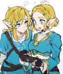  ... 1boy 1girl :d bangs belt black_belt black_gloves blonde_hair blue_eyes blue_shirt blush breasts closed_mouth collarbone commentary_request fingerless_gloves gloves hair_ornament hairclip highres holding link looking_at_another medium_breasts notice_lines open_mouth pointy_ears princess_zelda sheikah_slate shirt short_hair sketch smile speech_bubble spoken_ellipsis suechimu the_legend_of_zelda the_legend_of_zelda:_breath_of_the_wild the_legend_of_zelda:_breath_of_the_wild_2 tunic upper_body white_background 