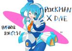  1girl android bangs blue_eyes blue_hair blush breasts dated eyebrows_visible_through_hair hair_between_eyes looking_at_viewer mega_man_(series) mega_man_x_(series) microphone one_eye_closed open_mouth outstretched_hand rico_(mega_man) rockman_x_dive side_ponytail solo tobitori 