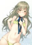  1boy bangs bikini blush closed_mouth crossdressing from_above frown green_bikini green_eyes green_hair hair_between_eyes long_hair looking_at_viewer lying navel on_back pinocchio_(sinoalice) sinoalice swimsuit teroru water 