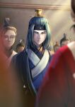  6+boys blue_eyes blue_hair blurry blurry_foreground clothing_request highres indoors lanxi_zhen light_beam long_hair looking_at_viewer micho multiple_boys shadow solo_focus the_legend_of_luo_xiaohei upper_body wuxian_(the_legend_of_luoxiaohei) 