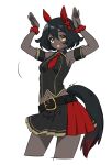  1girl :d animal_earmuffs animal_ears armband belt belt_buckle black_belt black_hair black_skirt blush buckle bunny_pose collared_shirt dark_skin eyebrows_visible_through_hair flower hair_flower hair_ornament highres indie_virtual_youtuber looking_at_viewer medium_hair midriff navel necktie open_mouth red_neckwear sakura_chiyo_(konachi000) sakuraba_chiyo scrunchie shirt signature skirt sleeveless sleeveless_shirt smile solo stomach tail very_dark_skin virtual_youtuber white_background yellow_eyes 