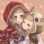  +_+ 2girls :d :o animal_ears animal_hood bear_ears beige_background blonde_hair briar_rose_(sinoalice) green_eyes hood hoodie hug little_red_riding_hood_(sinoalice) long_hair multiple_girls ojo_aa one_eye_closed onesie open_mouth pajamas red_hood short_hair sinoalice smile yellow_eyes yellow_hoodie 