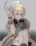  1boy abs akitama2727 aladdin_(sinoalice) bangs blonde_hair blue_eyes closed_mouth gold grey_background hair_between_eyes holding looking_at_viewer money short_hair short_sleeves simple_background sinoalice solo sparkle 