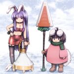  2girls :3 alternate_costume animal_ears black_garter_straps black_legwear breasts brown_hair cleavage collar commentary garter_straps green_scarf hand_on_hip highres inaba_tewi long_hair looking_at_viewer lunatic_gun midriff multiple_girls navel pink_coat polearm purple_hair rabbit_ears rabbit_girl rabbit_tail red_eyes red_skirt red_tube_top reisen_udongein_inaba scarf shirosato short_hair skirt strapless tail thighhighs touhou tube_top very_long_hair weapon wrist_cuffs 