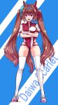  1girl animal_ears ass_visible_through_thighs breasts brown_hair character_name cosplay crossed_arms daiwa_scarlet_(umamusume) fang full_body gunbuster_pose highres horse_ears horse_girl horse_tail large_breasts leotard long_hair pose red_eyes red_leotard shoes sneakers solo standing suzuki24 tail takaya_noriko takaya_noriko_(cosplay) thighhighs tiara top_wo_nerae! twintails two-tone_leotard umamusume very_long_hair white_legwear 