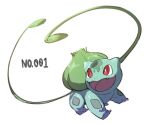  blurry bright_pupils bulbasaur claws commentary_request fangs gen_1_pokemon looking_to_the_side morio_(poke_orio) no_humans number open_mouth plant pokedex_number pokemon pokemon_(creature) red_eyes simple_background solo standing starter_pokemon tongue vines white_background white_pupils 