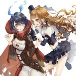  2girls :d :o alice_(sinoalice) alice_(sinoalice)_(cosplay) bangs blonde_hair blue_gloves blue_headwear blue_sky cosplay elbow_gloves gloves hair_between_eyes hands_on_another&#039;s_shoulders hat headband little_red_riding_hood_(sinoalice) little_red_riding_hood_(sinoalice)_(cosplay) long_hair long_sleeves looking_at_another multiple_girls navel ojo_aa open_mouth red_hair red_hood short_hair short_sleeves sinoalice sky smile wavy_hair yellow_eyes 