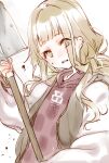  1girl :d bangs blonde_hair dirt hair_between_eyes holding jacket letterman_jacket little_red_riding_hood_(sinoalice) long_hair long_sleeves looking_at_viewer open_mouth red_shirt shirt shovel simple_background sinoalice smile solo teroru white_background white_jacket yellow_eyes 