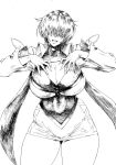  1girl absurdres bonten breast_grab breasts cleavage cleavage_cutout clothing_cutout curvy grabbing hair_over_eyes highres large_breasts long_hair miniskirt monochrome open_mouth shermie_(kof) skirt solo split_ponytail the_king_of_fighters twintails 