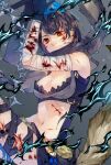  1girl alice_(sinoalice) asymmetrical_gloves bandages black_hair blood blood_on_face blood_splatter bloody_bandages bow breasts cleavage covered_mouth crop_top elbow_gloves fighting_stance fur-trimmed_skirt fur_trim gloves hair_bow highres legband ljayu looking_at_viewer navel red_eyes scarf short_hair sinoalice skirt smoke solo tail torn_clothes wolf_tail 