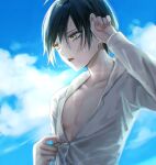  1boy ahoge bangs black_hair brown_eyes collarbone commentary_request danganronpa_(series) danganronpa_v3:_killing_harmony day hair_between_eyes hand_up long_sleeves male_focus open_mouth outdoors saihara_shuuichi sakuyu shiny shiny_hair shirt short_hair sky solo summer twitter_username undressing upper_body upper_teeth wet wet_clothes wet_shirt white_shirt 