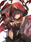  1girl armpits bangs black_gloves book breasts cinderella_(sinoalice) cleavage closed_mouth dark-skinned_female dark_skin elbow_gloves eyepatch gloves hair_over_one_eye hand_on_own_chest hand_up long_hair looking_at_viewer pink_hair purple_eyes purple_hair red_hood simple_background sinoalice sleeveless smile teroru torn_clothes torn_gloves white_background 