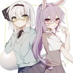  2girls :o :t alternate_costume animal_ears bangs bespectacled black_hairband black_neckwear black_ribbon blue_skirt blush bob_cut breasts bunny_ears closed_mouth commentary_request eyebrows_visible_through_hair from_side glasses green_eyes hair_between_eyes hair_ribbon hairband hands_on_own_cheeks hands_on_own_face hands_up hitodama konpaku_youmu konpaku_youmu_(ghost) long_hair long_sleeves looking_at_viewer medium_breasts multiple_girls necktie open_mouth pleated_skirt pout purple_hair purple_skirt purple_vest red_eyes red_neckwear reisen_udongein_inaba ribbon semi-rimless_eyewear short_hair short_sleeves silver_hair simple_background skirt sorani_(kaeru0768) touhou upper_body v-shaped_eyebrows very_long_hair vest white_background wing_collar 