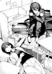  2girls book desk fujino_(look_back) highres ice_reizou kyomoto_(look_back) look_back looking_at_viewer lying monochrome multiple_girls on_back self_hug short_hair sitting table 