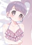  1girl bikini blush breasts cleavage eyebrows_visible_through_hair frilled_bikini frills hyakumangoku_masurao long_hair manaka_non polka_dot polka_dot_bikini ponytail pretty_(series) pripara purple_hair side_ponytail simple_background smile solo swimsuit upper_body very_long_hair 